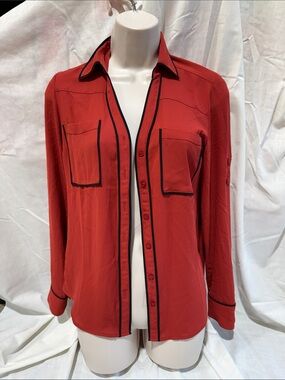 Express Slim Fit Red Long-Sleeve Button-Down Shirt with Contrast Trim